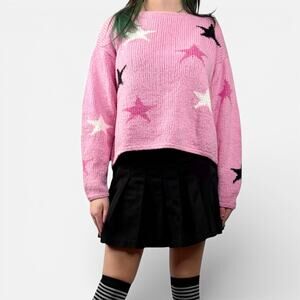 M. Gibson Vintage Pastel Goth Pink Stars Intarsia Cropped Chunky Sweater Sz M